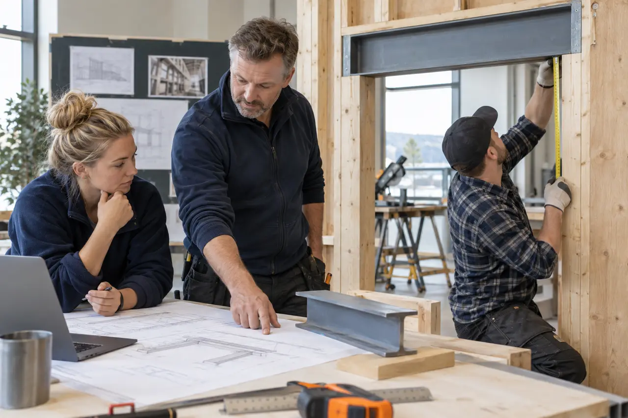 Handledare går igenom en konstruktionsritning vid en väggöppning